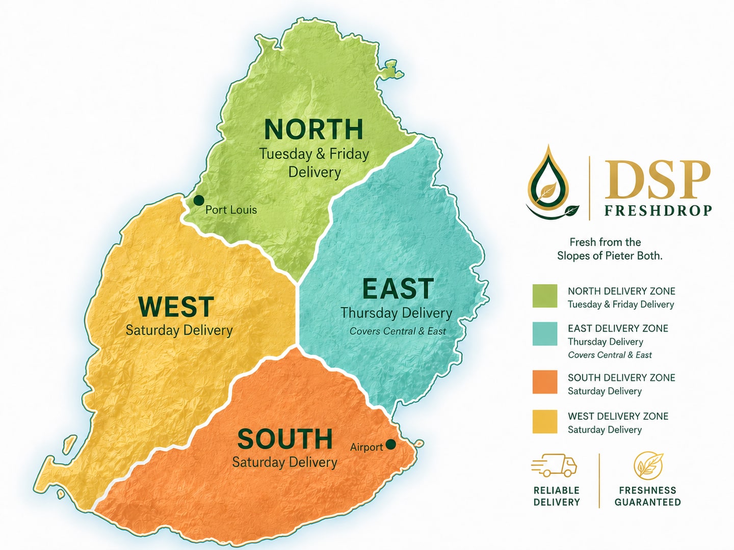 Mauritius map showing DSP FreshDrop delivery regions and days